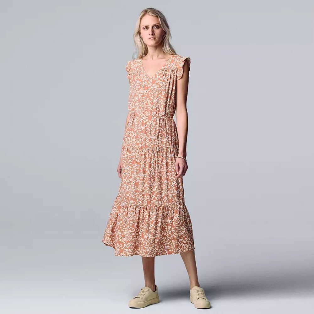 Simply Vera Wang Tiered Midi Dress Garden Ditzy Floral Terra Cotta Size XXL